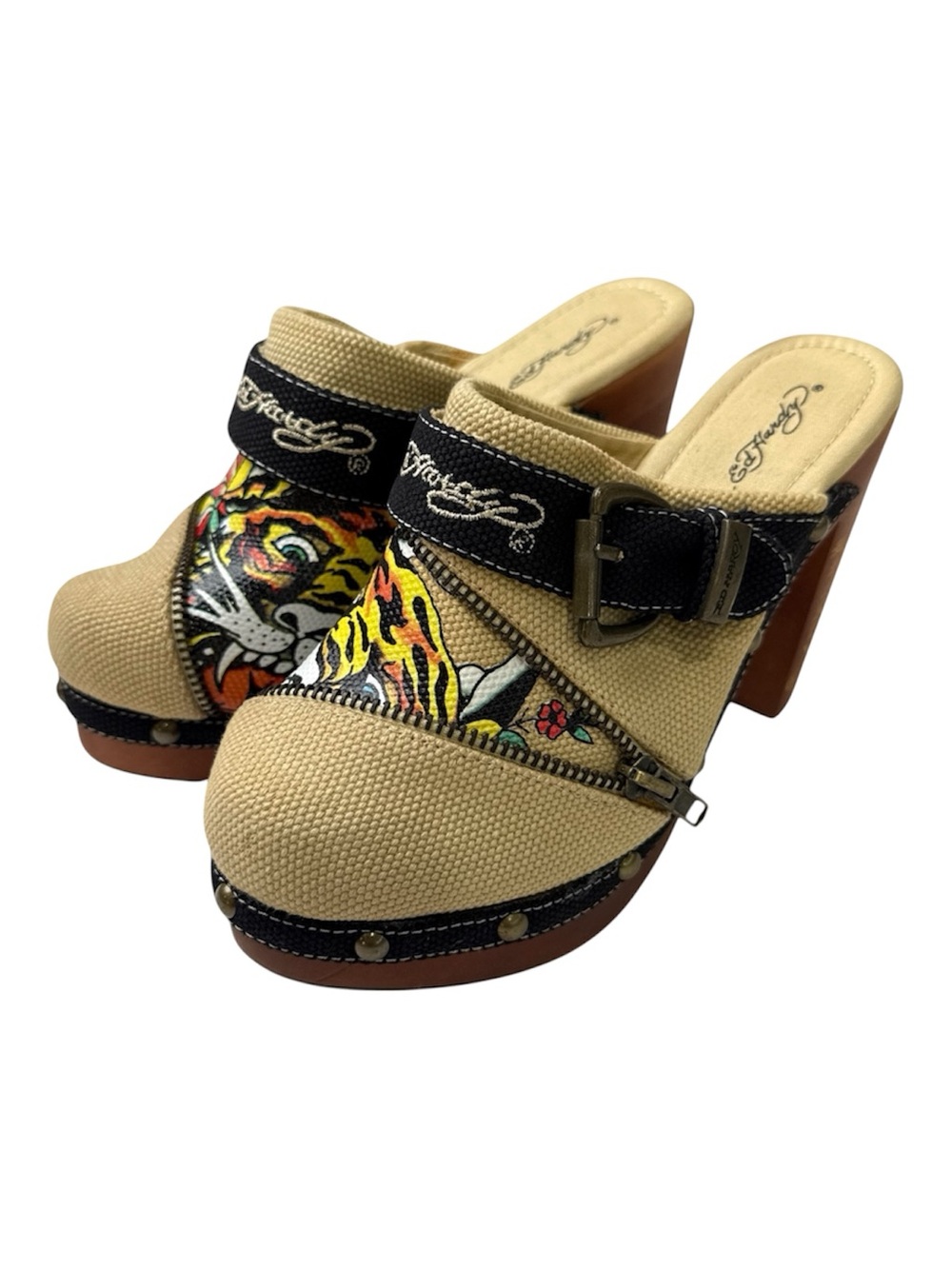 Ed Hardy Tiger Print Canvas High Heels with Buckle & Zip Details